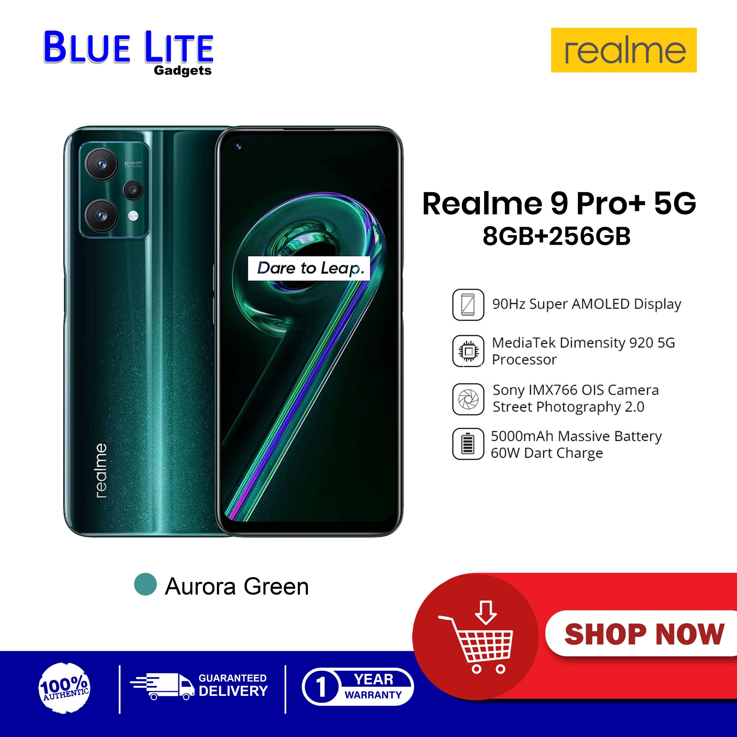 Realme 9 Pro Plus 5G 8GB+256GB Aurora Green