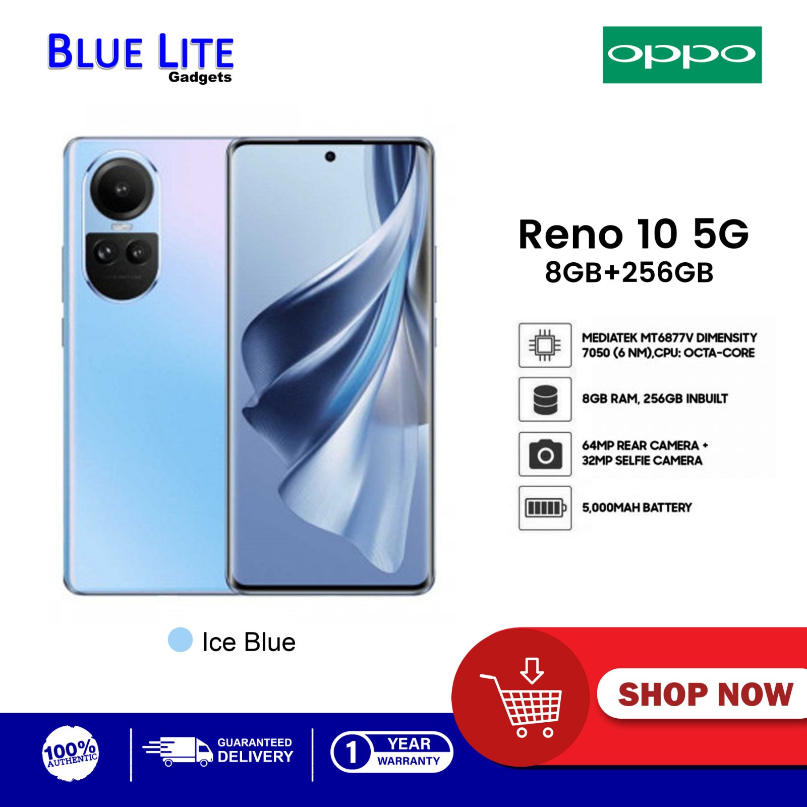 Smartphone Oppo Reno 10 6.7 OC 8GB 256GB 5G Android 13 Blue - 631001000308